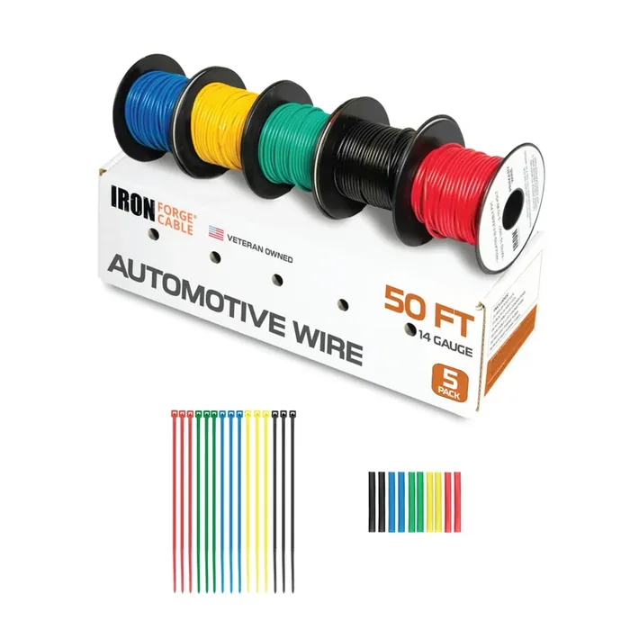 Iron Forge Cable 14 Gauge Automotive Wire – 5 Roll Assortment Pack – 50 Ft Of Copper Clad Primary Wire Per Roll, 14 Gauge Wire 50 Ft Stranded Copper Clad Aluminium Auto Wire