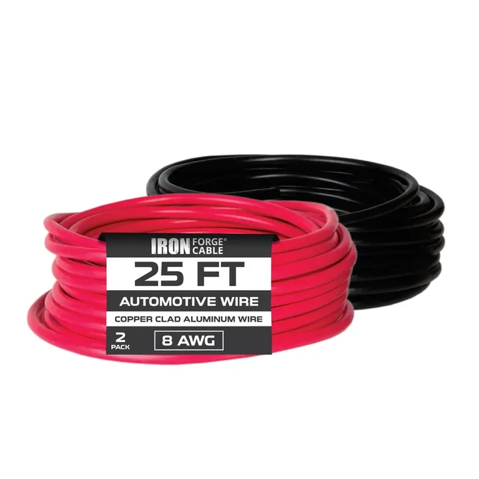 Iron Forge Cable 8 Gauge Primary Wire 2 Pack – 25Ft Copper Clad Aluminum Wire – 1 Red And 1 Black