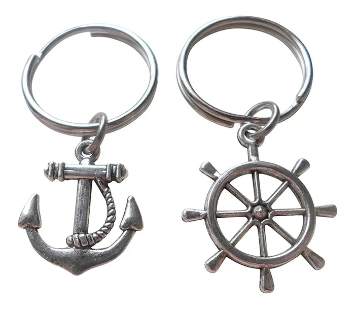 Jewelryeveryday Anchor & Ships Helm Keychain Set- You Be My Anchor And I‘Ll Steer You Straight; Couples Keychain Set