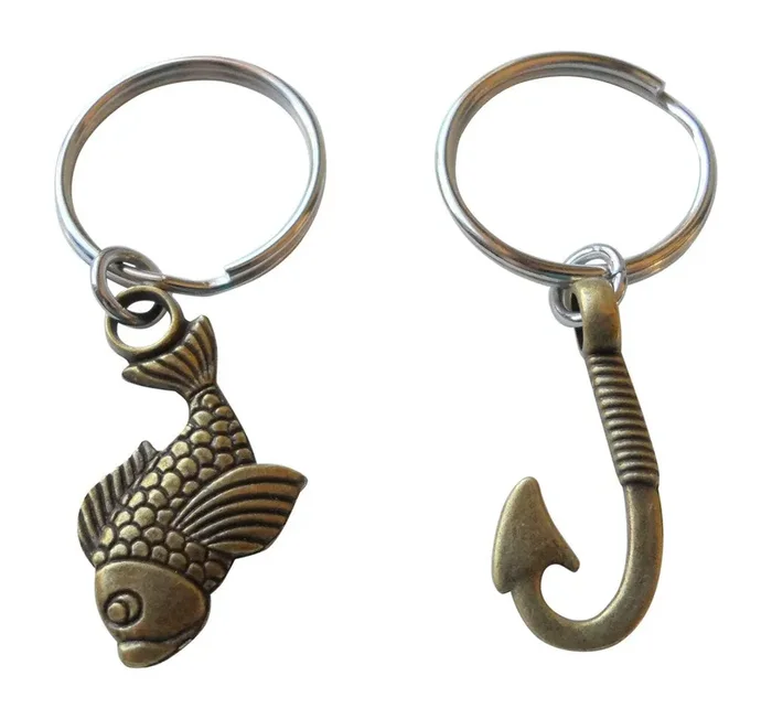 Jewelryeveryday Bronze Fish And Hook Keychain – I‘M Hooked On You; Couples Keychain