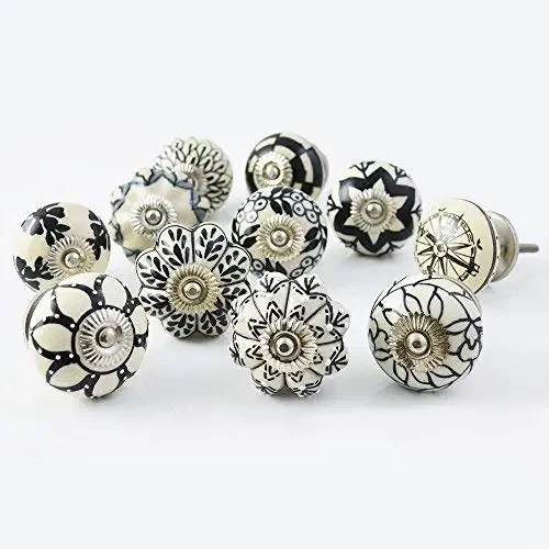 Jgarts Set Of 20 Assorted Vintage Black And White Hand Painted Ceramic Pumpkin And Round Knobs Cabinet Drawer Handles Pulls (20)