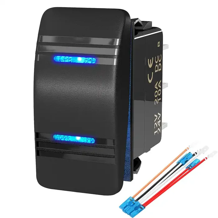 Joinfworld Marine Rocker Switch 12V 20A 3 Position On Off On Dpdt 7 Pin 3 Way Rocker Switch Toggle Waterproof Blue Led Light With Jumper Wire For Automotive Car Utv Atv Boat