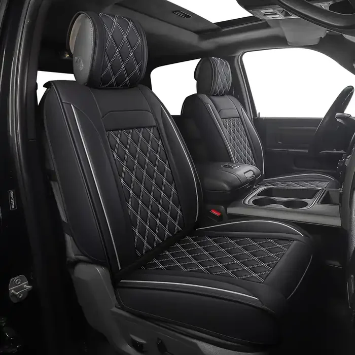 Jojobay Car Seat Covers For Dodge Ram,Fit 2009-2023 1500/2500/3500 Hd Pick-Up Truck,Crew,Regular,Quad,Mega Cab,Waterproof Synthetic Leather Seat Covers(2Pcs-Front,Black-White)