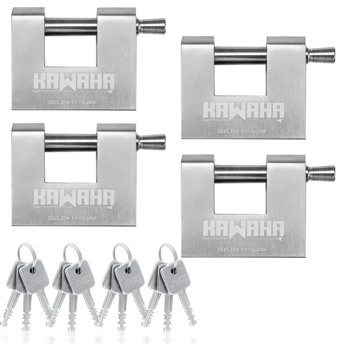 Kawaha 71/60-4Ps Stainless Steel D-Shaped Padlock With Stainless Steel Key For Garage Door, Containers, Shed, Locker And Warehouse (2-3/4 Inch, Keyed Alike – 4 Pack)