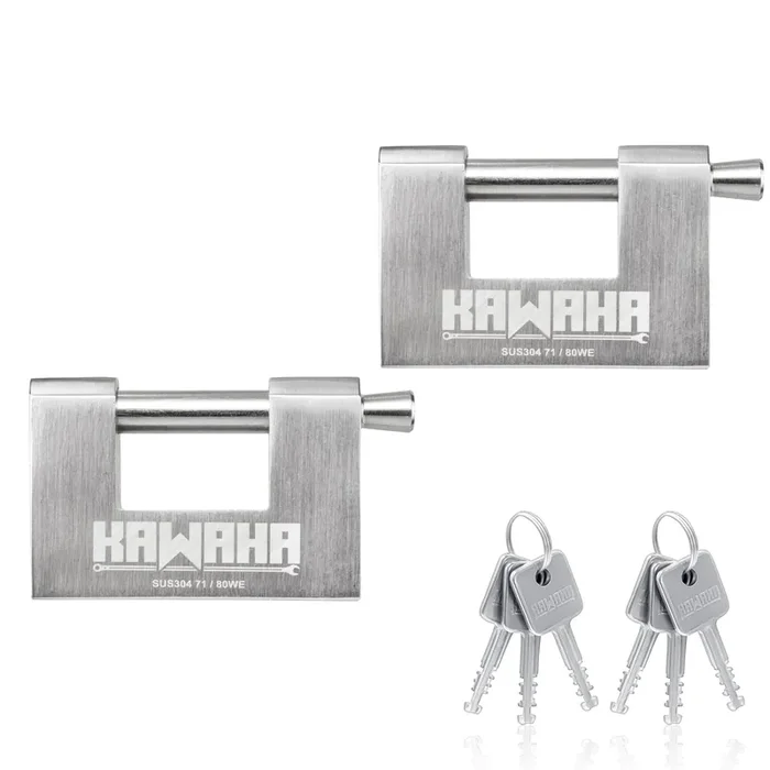 Kawaha 71/80-2Ps Stainless Steel D-Shaped Padlock With Stainless Steel Keys For Garage Door, Containers, Shed, Locker And Warehouse (3-1/8 Inch, Keyed Alike – 2 Pack)