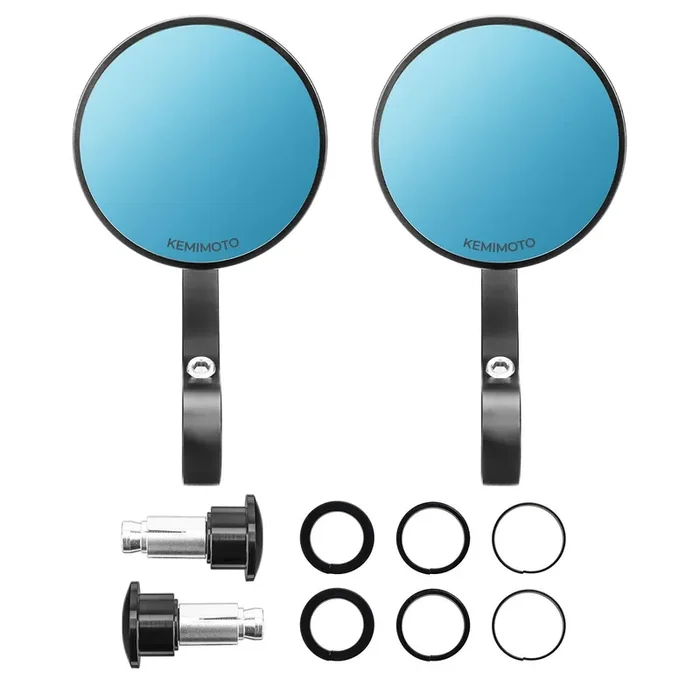 Kemimoto Motorcycle Handlebar Bar End Mirrors, Cnc Aluminum Rearview Mirror Blue Lense Anti Glare Universal 7/8 Round Compatible With Most Motorcycle, E-Bike, Scooters, Atv, Utv