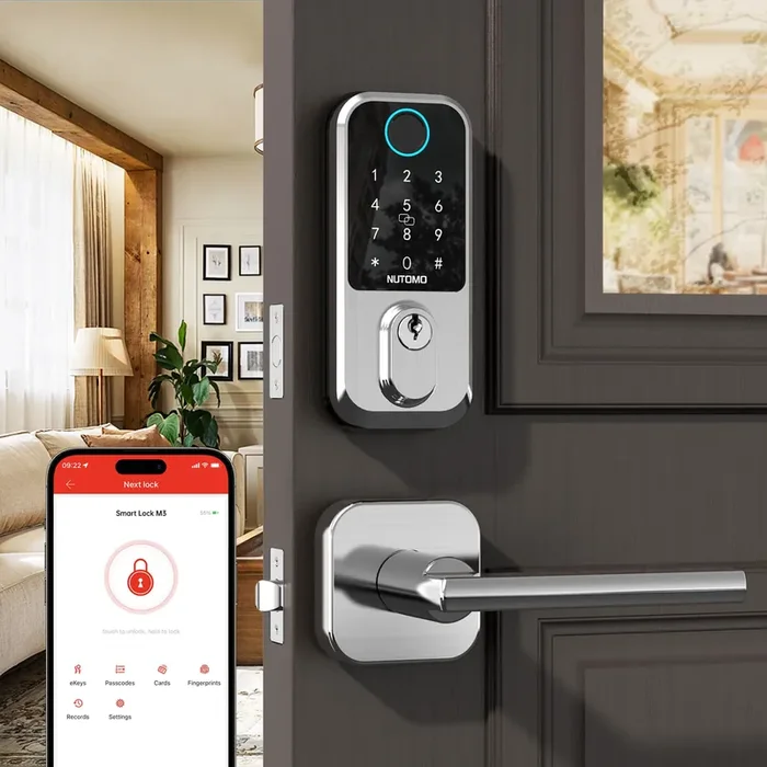 Keyless Entry Door Lock With Handle Nutomo Front Door Lock Set Fingerprint Deadbolt Alexa Digital Keypad Door Locks App Remote Control Auto Lock Satin Nickel