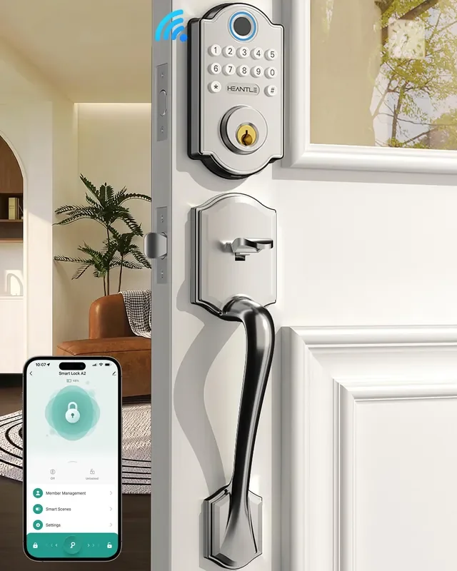 Keyless Fingerprint Door Lock Set Heantle Wifi Front Door Lock With Handles – Alexa Smart Electronic Digital Keypad Deadbolt Sets App Remote Control Auto Lock Satin Nickel