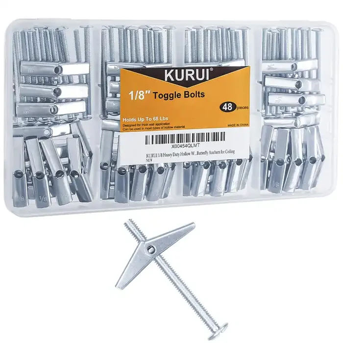 Kurui 1/8 Toggle Bolts For Drywall, 48 Pcs Heavy Duty Metal Drywall Anchors Kit, Dry Wall Anchors And Screws Kit, Butterfly Anchors For Ceiling, Sheetrock, Hollow Wall