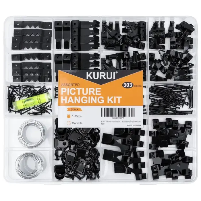 Kurui 303Pcs Picture Hangers For Drywall, Picture Hanging Kit With Heavy Duty Wall Hooks, Sawtooth, Picture Wire, D Rings, Hardware Nails, Eye Hooks, Black Heavy Duty Frame Hooks