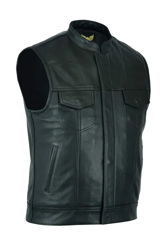 Leatherick Mens Black Motorcycle Vests – Soa Club & Traditional Paisley Satin Liner Leather Biker Vests (Us, Alpha, Large, Regular, Regular, Black (With Collar))