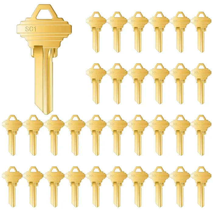Lesnala 32Pcs Blank Keys Bulk Uncut Blank Keys Sc1 Key Blanks In Premium Brass For House Door Lock Replacement Universal Kwikset Brass Finish (Golden Sc1)