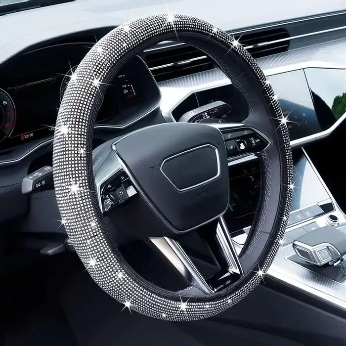 Limsas Bling Rhinestone Steering Wheel Cover With Crystal Diamond For Women, Sparkling Car Wheel Protector Universal Fit 14-15 Inches – White