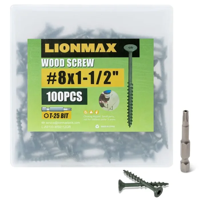Lionmax Deck Screws 1-1/2 Inch, Wood Screws 8 X 1-1/2‘, 100 Pcs, Rust Resistant, Exterior Epoxy Coated, Outdoor Decking Screws, Torx/Star Drive Head Screw, T25 Star Bit Included, Green