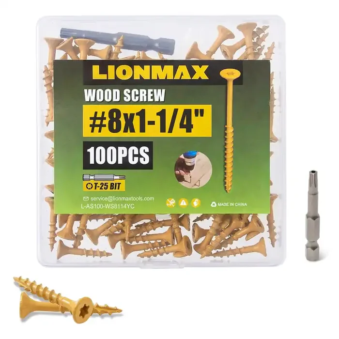 Lionmax Deck Screws 1-1/4 Inch, Wood Screws 8 X 1-1/4‘, 100 Pcs, Rust Resistant, Exterior Epoxy Coated, Outdoor Decking Screws, Torx/Star Drive Head Screw, T25 Star Bit Included, Tan