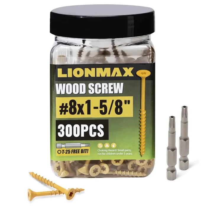 Lionmax Deck Screws 1-5/8 Inch, Wood Screws 8 X 1-5/8‘, 300 Pcs, Rust Resistant, Exterior Epoxy Coated, Outdoor Decking Screws, Torx/Star Drive Head Screw, T25 Star Bit Included, Tan