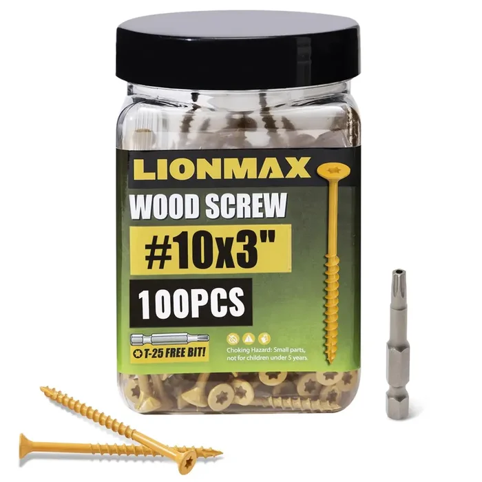 Lionmax Deck Screws 3 Inch, Wood Screws 10 X 3, 100 Pcs, Rust Resistant, Exterior Epoxy Coated, Outdoor Decking Screws, Torx/Star Drive Head Deck Screw, T25 Star Bit Included, Tan
