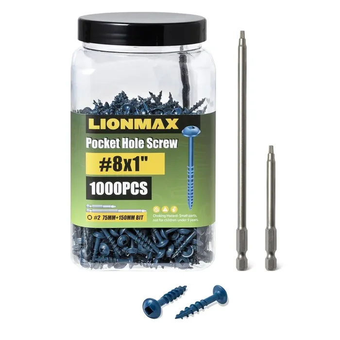 Lionmax Pocket Hole Screws 1 Inch, 1000 Pcs Exterior Pocket Screw 8 X 1, Coarse Thread, Square Drive, Blue Coated Weather Resistant Pocket Hole Screws, 150Mm Drive Bit Included