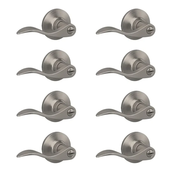 Lock Scout Wave Lever With Round Trim Bedroom And Bathroom Door Handle, Satin Nickel Finish, 8 Pack