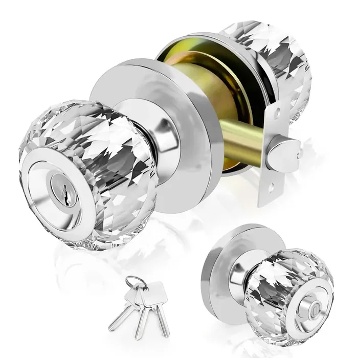 Loqron Crystal Door Knobs With Lock And Keys, Glass Door Knobs With Privacy Lock, Luxurious Diamond Door Knob, Classic Interior Glass Door Knobs For Bedroom Bathroom Closet – Satin Nickel, 1 Pack