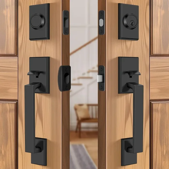 Loqron Double Front Door Lock Set, Keyed Entry Front Door Handleset With Dummy, Square Heavy Duty Door Lever And Single Cylinder Deadbolt Combo, Matte Black