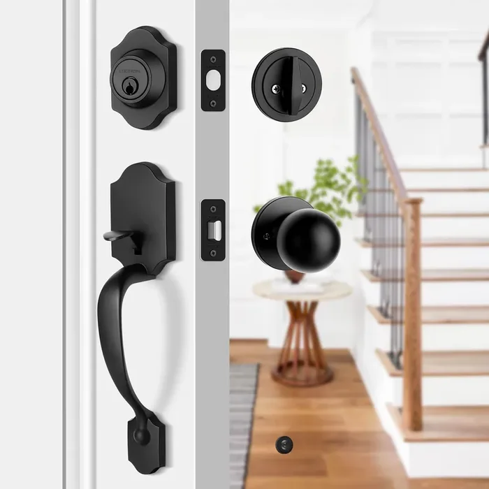 Loqron Heavy Duty Front Door Handle Set Matte Black Entrance Handle Set Classic Front Door Set Single Cylinder Deadbolt And Knob, Half Grip Round Knob Reversible For Right & Left Handed Doors