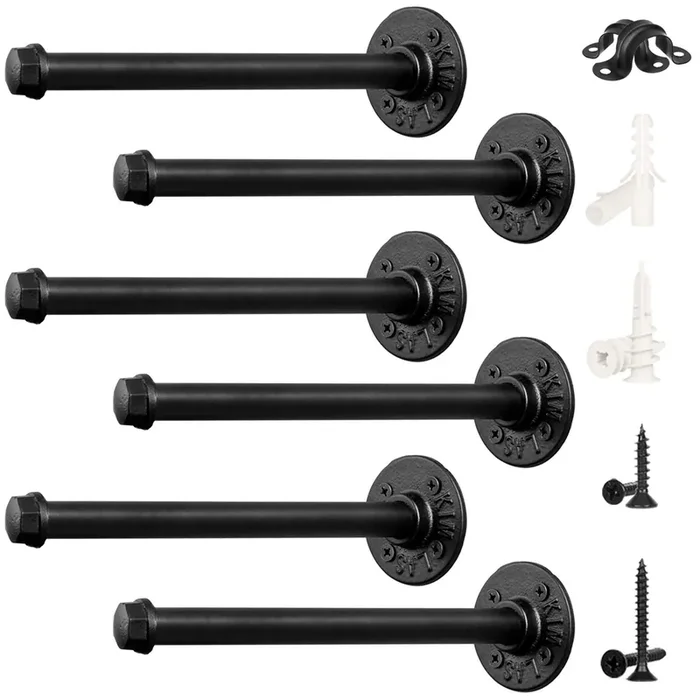 Luckin 12-Inch Pipe Shelf Brackets, Industrial Iron, Heavy Duty, 6 Pack, Black