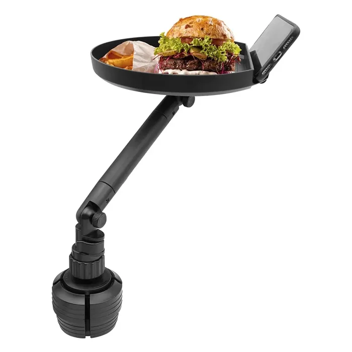 Macally Cup Holder Tray For Car – Adjustable Car Tray Table – Perfect Car Food Tray For Eating With Phone Slot And Swivel Arm – Car Organizer