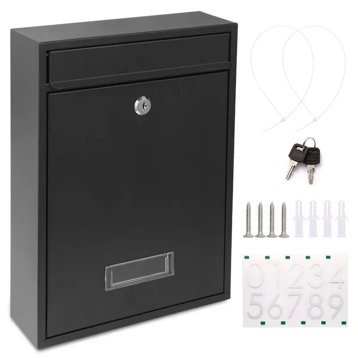 Mailboxes For Outside, Wall Mount Locking Mailbox, Security Mailbox With Lock Key And Three Sets 0-9 Mail Box Numbers, Large Capacity Steel Cover Metal Postbox For Outdoor, 13.8X 10.8X 3.25 Inch Black