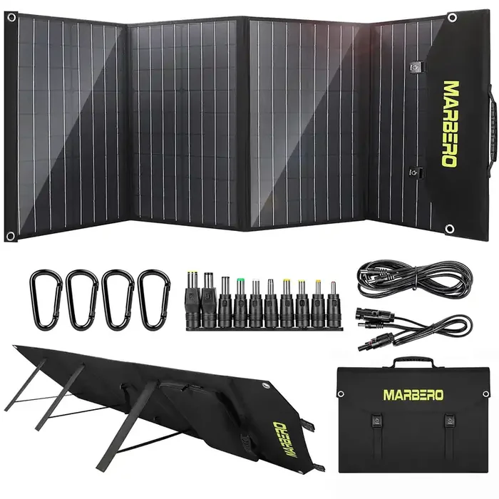 Marbero 100W Portable Solar Panel Battery Charger Waterproof Pd 60W Dc 18V Output For Power Station, Generator, Iphone, Ipad, Laptop, Qc3.0 Usb Ports & Dc Output(10 Connectors) For Camping Rv Trip