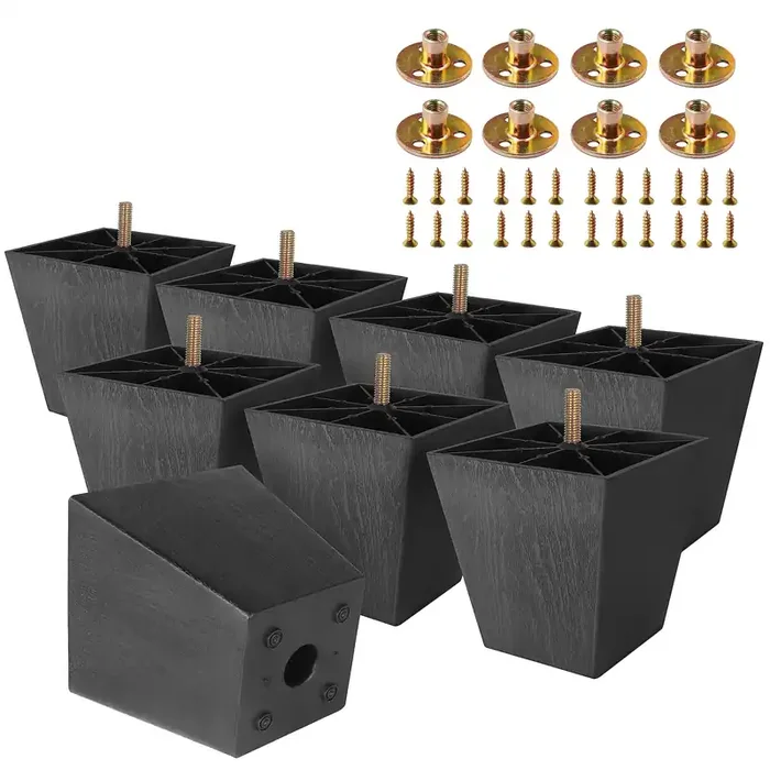 Masendelk 8Pcs Plastic Furniture Legs 4 Inch, Black Couch Legs Square Furniture Feet Sofa Replacement Legs With M8 Plate Nuts For Couch Table Sofa