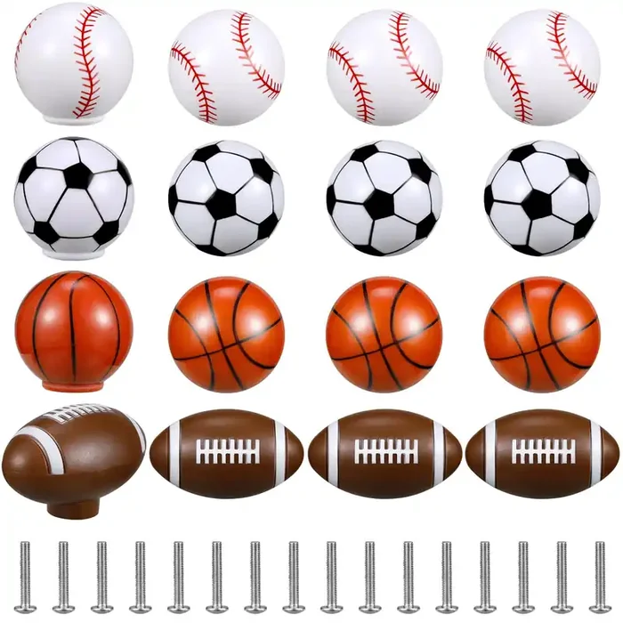 Menkxi 16 Pcs Sports Ball Dresser Knobs For Kids Baseball Basketball Dresser Drawer Knobs For Boys Football Soccer Dresser Knobs Hardware Drawer Pulls Handles For Cabinet Party Decor (Classic Style)