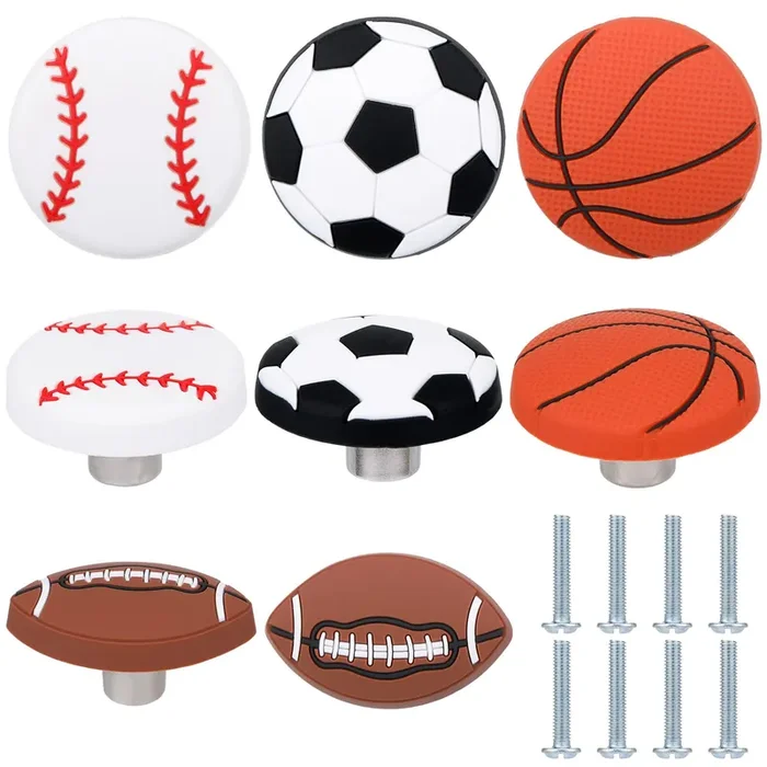 Menkxi 8 Pcs Sports Ball Dresser Knobs For Kids Baseball Basketball Dresser Drawer Knobs For Boys Football Soccer Dresser Knobs Hardware Drawer Pulls Handles For Cabinet Party Decor (Novel Style)