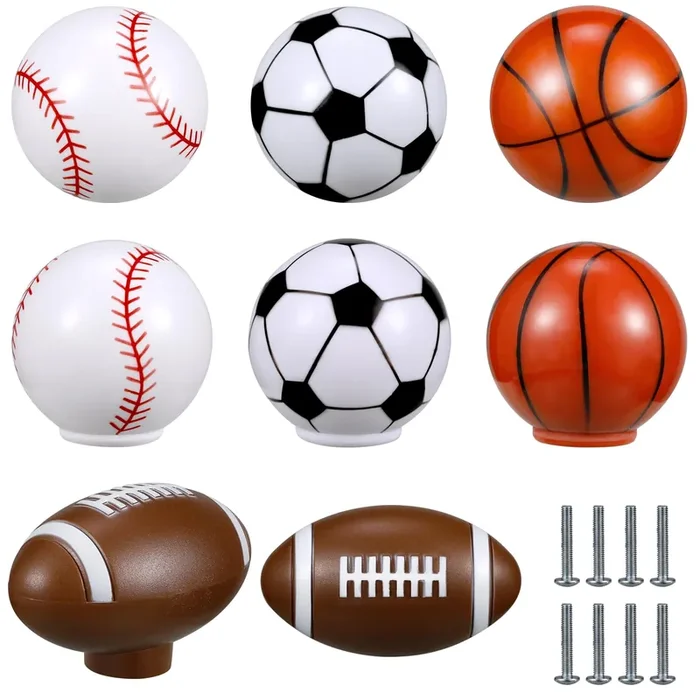 Menkxi 8 Pcs Sports Ball Dresser Knobs For Kids Baseball Basketball Dresser Drawer Knobs For Boys Football Soccer Dresser Knobs Hardware Drawer Pulls Handles For Cabinet Party Decor (Classic Style)