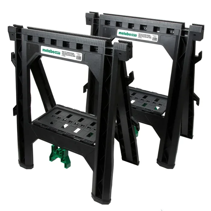 Metabo Hpt Sawhorses 2 Pack Folding Heavy Duty, Weather-Resistant Lightweight Portable, 1200Lb Capacity, Saw Horses Brackets 2X4, Built-In Saw Horse Shelf And Cord Hooks, Fold Flat, 115445M