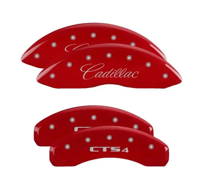 MGP 4 Caliper Covers Engraved Front Cursive/Cadillac Engraved Rear CTS4 Red finish silver ch 35011SCT4RD