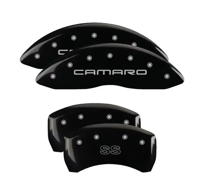 MGP 4 Caliper Covers Engraved Front Gen 4/Camaro Engraved Rear Gen 4/SS Black finish silver ch 14027SCS4BK