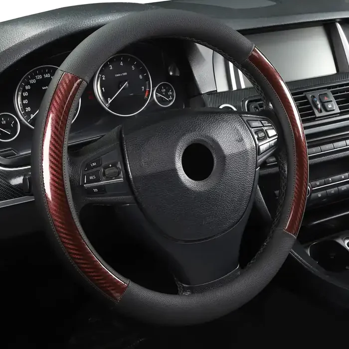 Microfiber Leather 15‘ Universal Fit Car Steering Wheel Cover, Elastic Nonslip Breathable And Odorless, Black & Brown