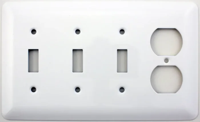 Mulberry Princess Style White Four Gang Combination Switch Plate – Three Toggle Light Switch Opening One Duplex Outlet Opening