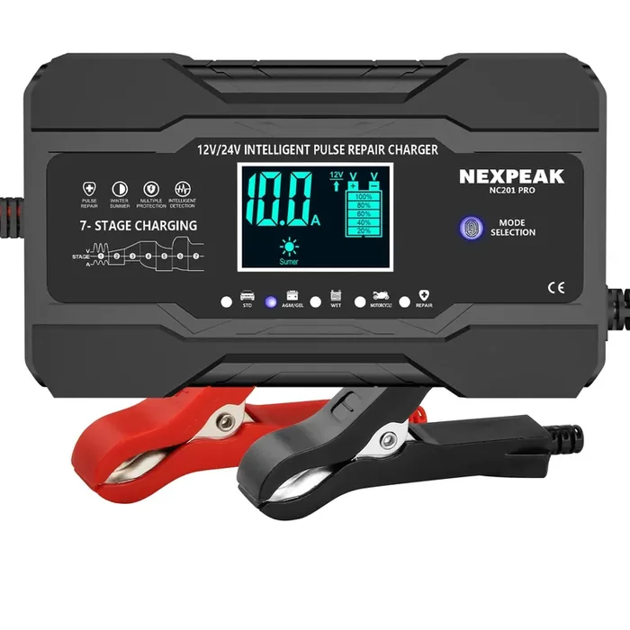 Nexpeak 10-Amp Car Battery Charger, 12V And 24V Smart Fully Automatic Maintainer Trickle Charger W/Temperature Compensation For Truck Motorcycle Lawn Mower Boat Marine Lead Acid Batteries