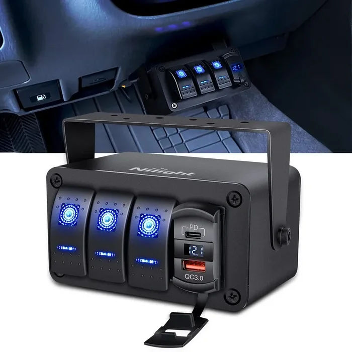 Nilight 3 Gang Rocker Switch Panel Blue Backlit With Pd Type C And Usb Charger Voltmeter Waterproof 12V 24V Dc Rocker Switch With Night Glow Stickers For Car Trucks Boats Rvs,2 Years Warranty,Blue/Box