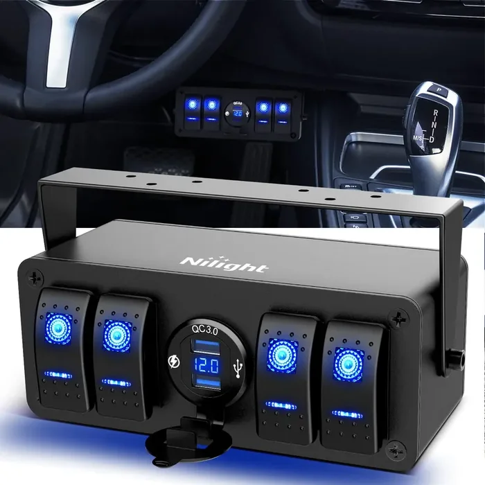 Nilight 4 Gang Rocker Switch Box 12V Spst On Off Switch Qc 3.0 Usb Charger Voltmeter Waterproof Aluminum Rocker Switch Panel Night Glow Stickers For Boats Cars Rvs Trucks, 2 Years Warranty,Blue