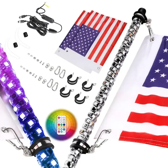 Nirider 2Pcs 2Ft Led Whip Lights With Flag Pole Remote Control Spiral Rgb Chase Light Offroad Warning Lighted Antenna Led Whips For Utv, Atv, Off Road, Truck, Sand, Buggy Dune, Rzr, Can-Am, Boat