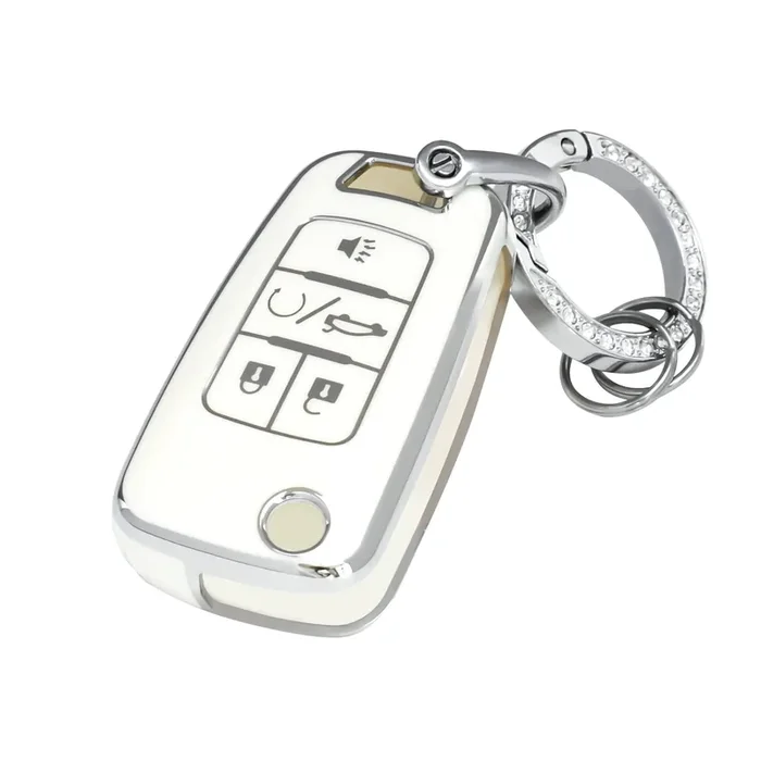 Offcurve For Chevy Key Fob Cover With Keychain, Car Key Case Fit For Chevrolet Chevy Gmc Buick Encore Terrain Malibu Camaro Cruze Impala Equinox Volt Spark Sonic Car Smart Key Accessories, White