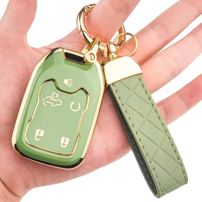 Ollen 5-Button Tpu Key Fob Cover, Fit For Gmc Acadia 2017-2024, For Terrain 2018-2024, Fit For Sierra 2019-2024, For Chevy Silverado 2019-2022, Full Protection Soft Tpu Key Case, With Keychain, Green