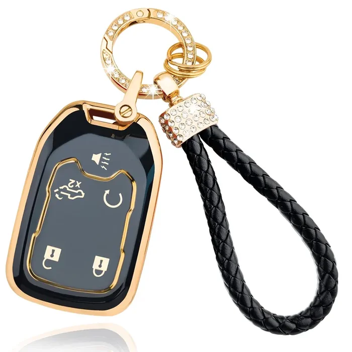 Ollen Key Fob Cover Fit For Gmc Acadia/Terrain/Sierra, Fit For Chevy Silverado 2019-2022, Full Protection Soft Tpu Key Case, 5 Button, With Bling Keychain, Black