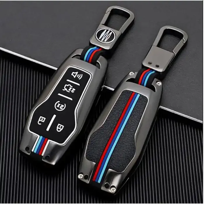 Otmik Zinc Alloy Car Key Cover Cases Compatible With Ford Edge Explorer F-150 F-250 Fusion Mondeo 5 Buttons With Fluorescent Tricolor Strip (Matte)