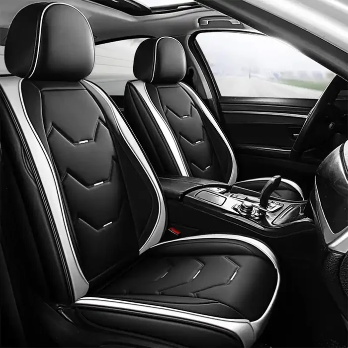 Otoez Universal Leather Car Seat Covers 5 Seat Full Set Automotive Seat Protector Replacement Compatible With Most Honda Toyota Chevy Ford Nissan Vehicles, Trucks, Suvs(White+Black,No Pillows)