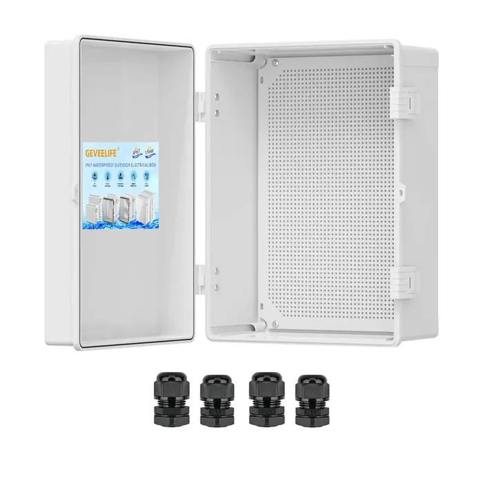 Outdoor Electrical Box Waterproof, Abs Plastic Junction Box Ip67 Hinged Cover Project Box With Mounting Plate Wall Brackets And 4 Cable Glands, Grey Electrical Enclosure 15.7‘X11.8‘X7.1‘