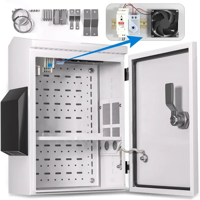 Outdoor Electrical Box With Thermostat And Fan, Cold-Rolled Steel Plate, Aluminum Alloy Back Beam, One-Piece Ventilation Design, Ip65 Waterproof, Wall/Pole Mounted. (15.7‘ X 11.8‘ X 5.9‘)